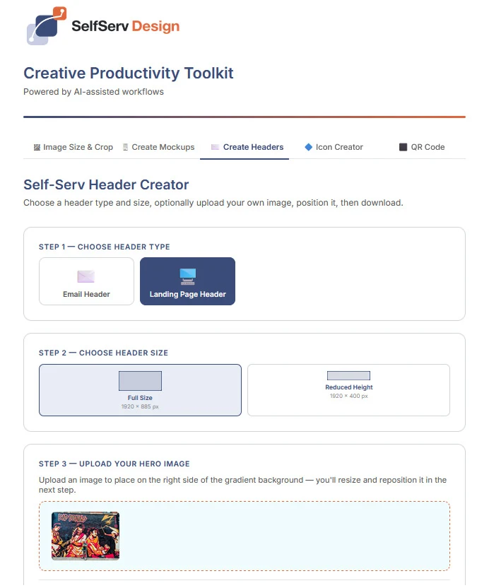Header design workspace with style and size options